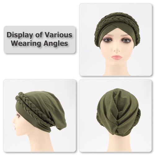 African Women Turban Caps Pre-Tied Twisted Turbans Head Scarf for Women Hair Wraps Cover Beanie Cancer Chemo Headwear - color: 2 Pack Double Twisted Braid: Black, Olive-green