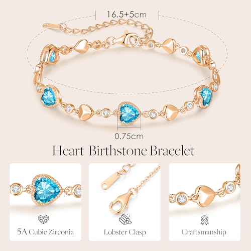 925 Sterling Silver Birthstone Heart Bracelet Jewelry Gift for Women | Rose Gold Plated Bracelets,Hypoallergenic,Adjustable Chain Personalized Anniversary Christmas Jewelry Gift for Mom Wife - color: Rose Gold-12-Dec