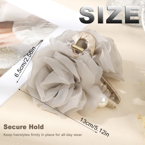 Large Chiffon Rose Flower Hair Claw Clips Boho Mesh Floral Hair Pins Barrettes Strong Hold Non-Slip Beach Vacation Hair Accessories for Women (Light Brown Large Chiffon Claw with Pearl) - color: Light Brown Large Chiffon Claw with Pearl