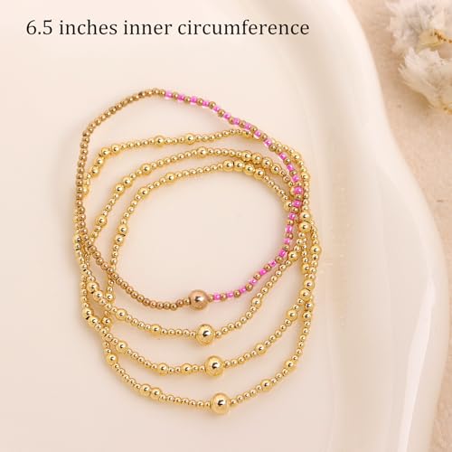 Gold Beaded Stackable Friendship Bracelets Set for Women, Handmade Boho Stretch Summer Jewelry Gift. - color: gold fuchsia