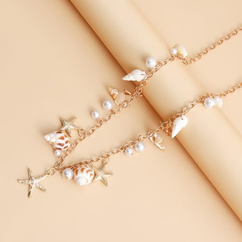 Gold Starfish Seashell Waist Chain Belt for Women Boho Mermaid Pearl Body Chain Summer Beach Vacation Bikini Jewelry Accessories - style: Starfish and conch