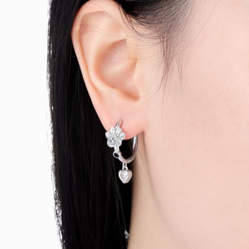 925 Sterling Silver Dangle Earrings for Women, Butterfly&Bee Animals Design, Hypoallergenic Jewelry gifts - color: Black and white paw print heart-shaped earrings
