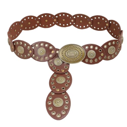 Wide Western Cowboy Disc Belt for Woman Concho PU Leather Belts for Ladies Boho Country Waist Belts for Dress Jeans - color: Brown