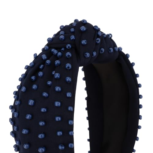 YISSION Navy Blue Dense Beaded Knotted Headband for Women, Wide Padded Top Knot Headband, Non Slip Comfortable Fashion Hairband for Daily Wear, Party, Wedding - color: Navy Blue