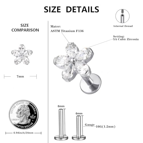 1 Piece ASTM F136 Titanium Hypoallergenic Earrings for Women Flat Back Earrings Cartilage Studs Tragus Conch Helix Piercings Cubic Zirconia Earring Versatile 16g Tiny Stud Silver Piercing Gothic Jewelry