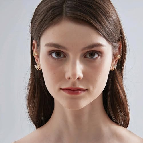 MTMY Gold Ear Cuff Earring for Women 14K Gold Plated Cubic Zirconia Non-Pierced Clip on Cartilage Chunky Ear Cuffs Hypoallergenic Jewelry - style: triple