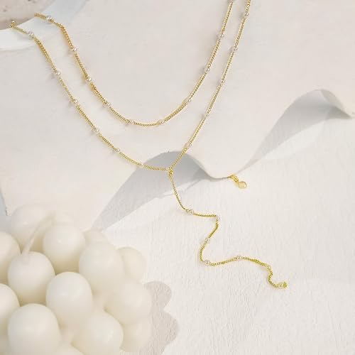 HAXIYA Lariat Gold Necklace for Women Dainty Long Necklace 14K Gold Plated/Silver Y-Shaped Pendant Drop Chain Layered Pearl/Beaded/CZ Necklaces Gold Jewelry Gift for Prom/Wedding - style: Pearl - Gold