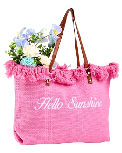 Personalized Embroidered Bridesmaid Tote Bag, Custom Large Women Vaction Travel - color: Pink - Hello Sunshine