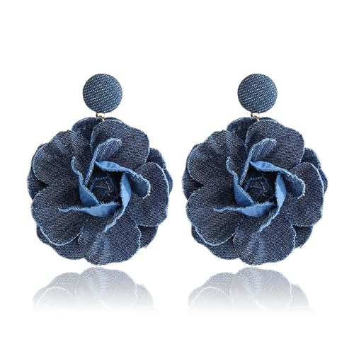 coadipress Boho Denim Camellia Flower Dangle Earrings for Women Exaggerated Big Layered Tiered Blossom Floral Drop Long Earring Chic Statement Earrings Wedding Bridal Jewelry Gifts - style: Flower Dark Blue