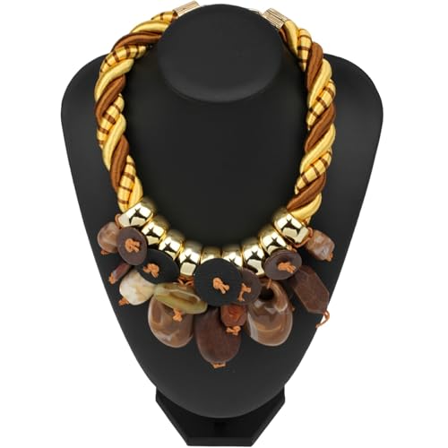 Chunky Statement Wood Pendant Necklace for Women Rope Braided Colorful Resin Stone Tribal Ethnic Bold Boho Fashion Jewelry - color: N1539-brown