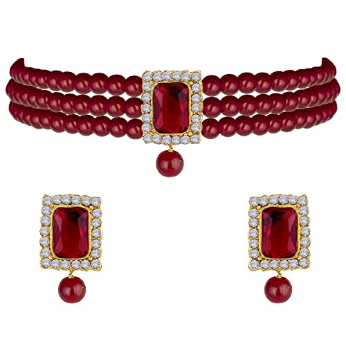 Aheli Ethnic Choker Necklace Earrings Wedding Bollywood Party Jewelry Set Gift for Women - color: Maroon 2