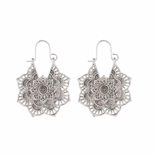 Boho Antique Carved Flower Dangle Drop Earrings for Women Vintage Retro Handmade Hollowed Antiqued Bronze Floral Shaped Geometric Gold Silver Plated Hoop Earrings for Ethnic Style Jewelry Gifts - color: Silver