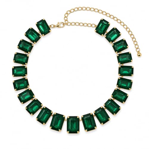 Fashionable Chunky Plated Tennis Rhinestone Statement Necklace Jewelry Set for Women Multicolor gem necklace with Great Sparkle and Shine Design for Women to Easy Match - color: emerald square rhinestone