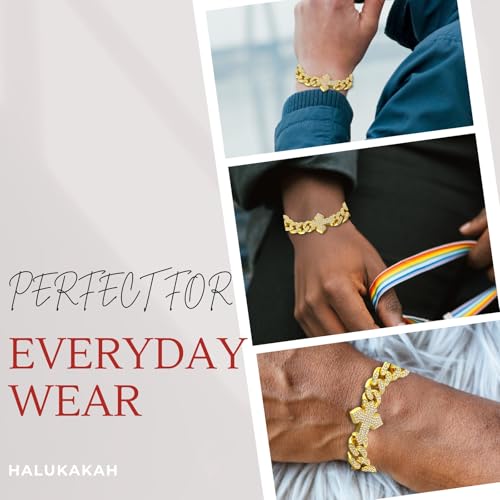 Halukakah Diamond Gold Chain for Men with Cross,18k Real Gold/Platinum Plated Fully Iced Out 12MM Miami Cuban Link Chain Necklace Bracelet,Lab Diamond Prong Set,Present for Husband,Boyfriend,Friend - color: Gold Plated Bracelet