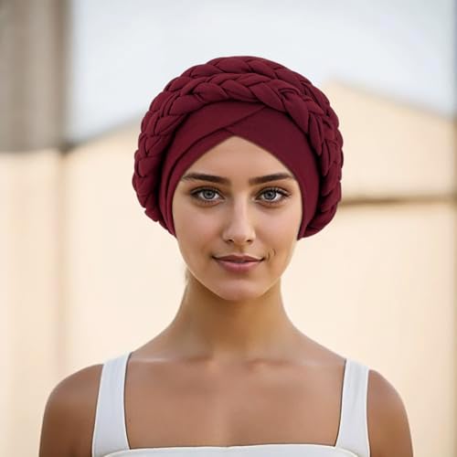 African Women Turban Caps Beanie Pre-Tied Twisted Braids Headwraps for Women Head Scarf Chemo Cancer Headwear Cap - color: 3 Pack Twisted Braid: Burgundy/Navy Blue/Black