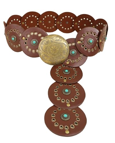 Western Chunky Wide Disc Belt for Women Boho Hollow PU Leather Waist Cowgirl Belt for Dresses Jeans with Metal Buckle - color: Brown Turquoise