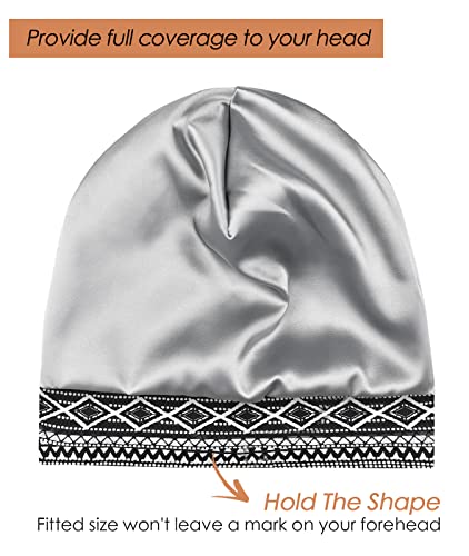 Adjustable Satin Lined Sleep Cap for Dreadlocks Curly Hair Large Head-Stay On Overnight - color: Navy White