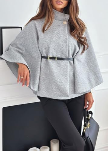 Zaswen Batwing Long Sleeve Cloak Coats for Women Fall Winter Stand Up Collar Oversized Cape Poncho Jackets with Belted - color: Grey, size: Medium