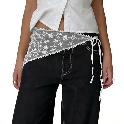 Women's Floral Lace Triangle Hip Scarf Head Kerchief Tie Waist Belt Sheer Hip Wrap Boho Head Scarf Hair Accessory - color: White