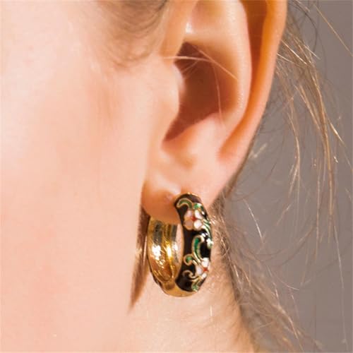 Vintage Enamel Flower Small Hoop Earrings Retro Elegant Flowers Earrings Colorful Flower Hoop Earring - color: Black