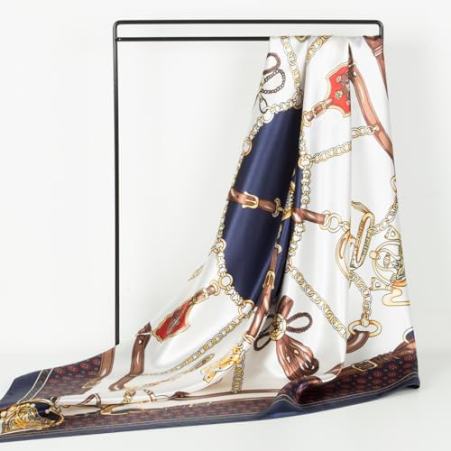 RIIQIICHY Head Scarf for Women Like Silk Scarf Hair Scarf Printed Square Scarf Bandanas for Women 35 Inches - color: Navy/Gold
