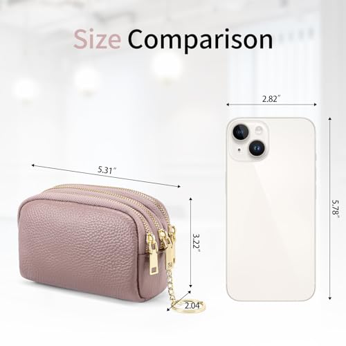 SENDEFN Small Coin Purse Leather 3 Zippered Change Pouch Wallet with Key Ring for Women - color: 1-Pink