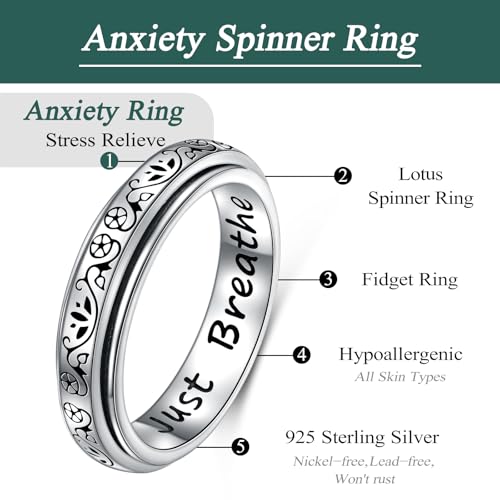 Ladytree Spinner Fidget Ring Sterling Silver Thumb Band for Women Anxiety Ring Platinum Plated Worry Stress Relief Just Breathe Boredom ADHD Autism Rings Boho Jewelry Gift - color: P-lotus just breathe
