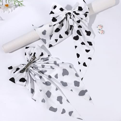 2 PCS 7In Cow Hair Bows Clips for Women Girls, Big Cow Print Long Tail White Black Hair Bow Large Hair Ribbon Barrettes Metal Clips Bowknot Aesthetic Hair Accessories Gifts (Black White)