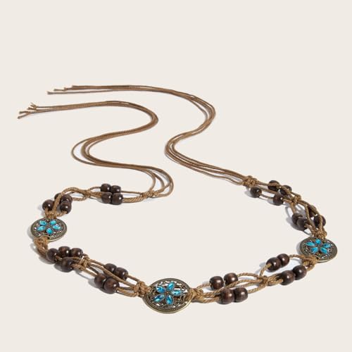 Women Braided Waist Belt Boho Woven Belt with Wooden Beads and Ring Clasp Vintage Long Tassel Rope Tie Belt for Dress - color: Brown 3
