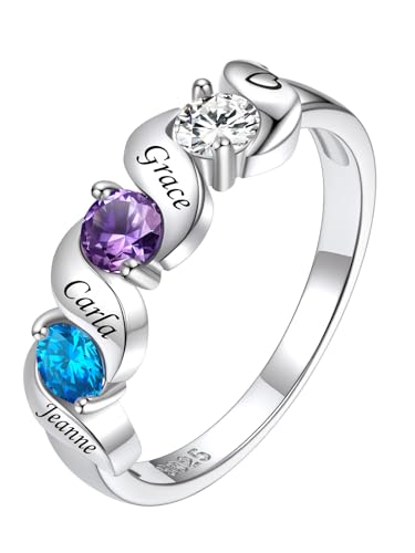 Custom4U Personalized Mothers Ring with 1-5 Birthstones Names Engraved 925 Sterling Silver/14K White Gold Plated Birthstone Rings for Women Promise Ring Birthday Jewelry Gifts for Mom Grandmother Wife - color: 3 Birthstones Ring (Engraved)