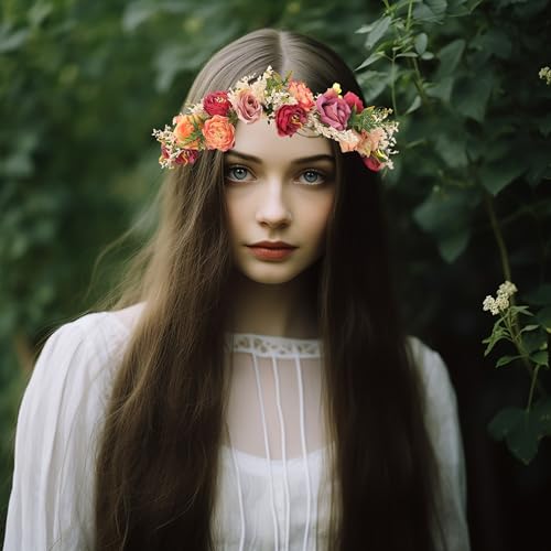 Vivivalue Women Floral Crown Rose Flower Headband Hair Wreath Floral Headpiece Halo Boho with Ribbon Wedding Party Festival Photos - color: 1