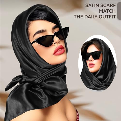 Head Scarf for Women Hair - 2 Pack 35" Square Satin Scarf, Silk Hair Scarf for Women Head Wrap for Sleeping - color: Black & Light Curry
