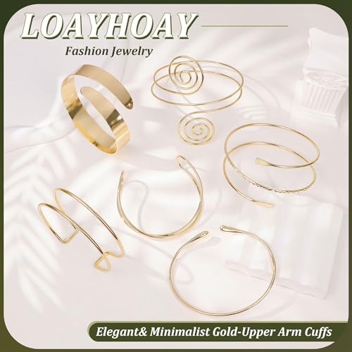 6PCS Gold Arm Cuff for Women Upper Arm Cuff Bracelets Adjustable Open Cuff Bangle Bracelet Minimalist Coil Swirl Upper Arm Bands Armband Set - style: Style B