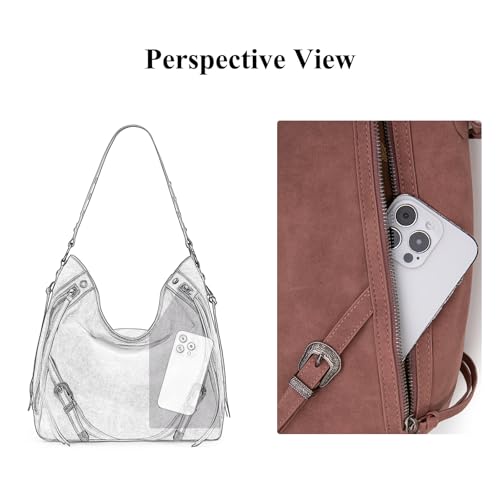 Wrangler Large Hobo Purses and Handbags for Women with Buckle and Fringe Zipper Faux Suede Shoulder Bag - color: Pink