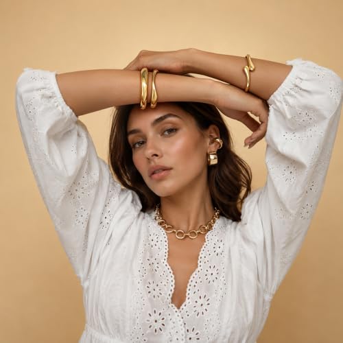 Chunky Gold Bangle Bracelets for Women Trendy 14K Gold Plated Cuff Bracelets Stack, Dainty Gold Bracelet Sets Non Tarnish Fashion Jewelry Gift - style: 3pcs-Gold