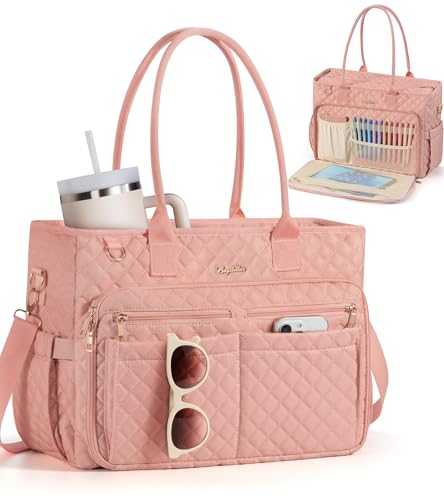 Bagstellar Teacher Bags for Women, 15.6 inch Laptop Work Tote Bag Quilted Nurse Bible Computer Shoulder Bag for School Travel | Dream Tote Work Bag - color: Pink