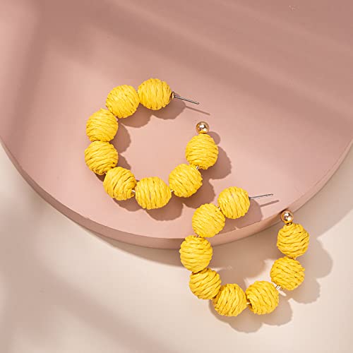 Raffia Hoop Earrings Statement Boho Beaded Earrings Cute Rattan Handmade Colorful Jewelry for Women Unique Summer Outfits - color: Yellow