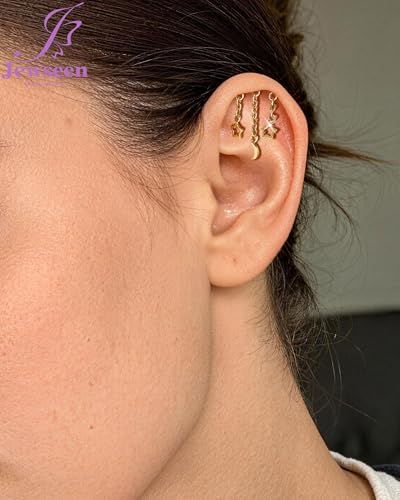 Crescent Moon Star Chain Vertical Hidden Helix Stud Earrings Dangle 316L Stainless Steel Flat Back Threadless Push-Pin Cartilage Rook Piercing Jewelry - color: gold
