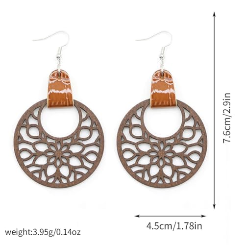 Handmade 70s 80s Retro Leather Round Hollow Wooden Flower Dangle Drop Earring Unique Lightweight Flower Hook Earrings For Women