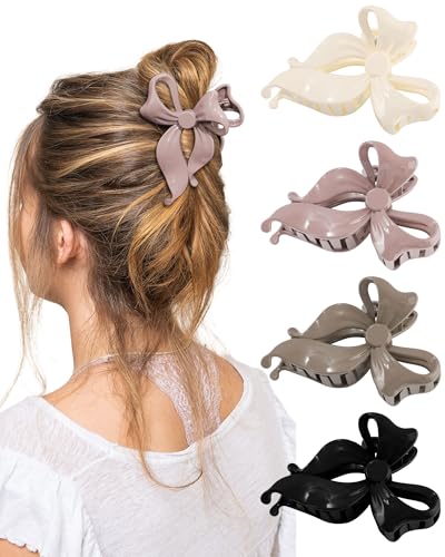 4 PCS Bow Hair Clips Bow Claw Clip for Women, Large Hair Claw Clips for Thin Thick Long Hair Cute Nonslip Bows(White+Black+Grey+Naked Pink) - color: White+Black+Grey+Naked Pink