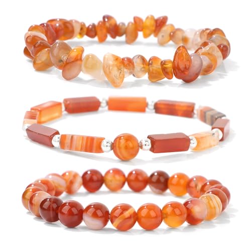 3Pcs Natural Stone Bracelets for Women 8mm Crystal Beaded Bracelets Handmade Stretch Bracelet Healing Crystal Jewelry for Women - style: Carnelian