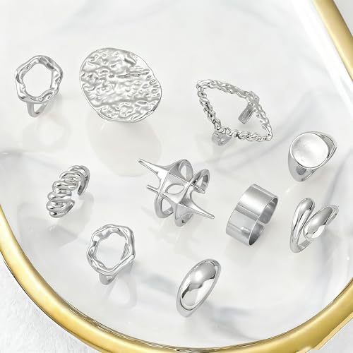 10 Pcs Chunky Gold Rings for Women Open Adjustable Star Geometry Ring Stacking Knuckles Rings Set Boho Prom Costume Fashion Jewelry - color: silver