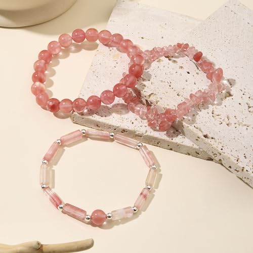 3Pcs Natural Stone Bracelets for Women 8mm Crystal Beaded Bracelets Handmade Stretch Bracelet Healing Crystal Jewelry for Women - style: Watermelon Cherry Quartz