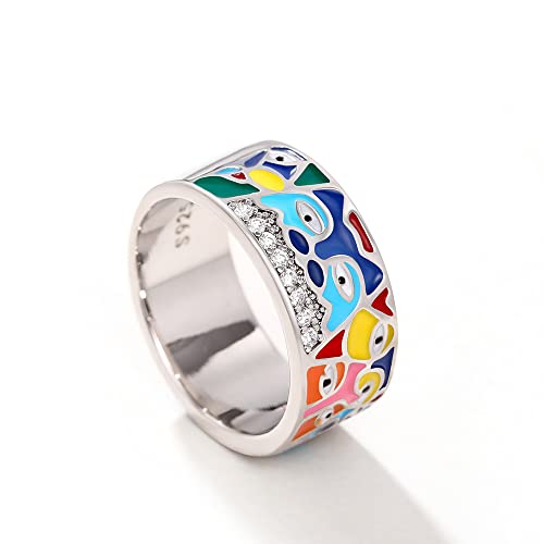 QUSIIOSLK 925 Sterling Silver Enamel Eye Rings Inlay AAA Cubic Zirconia Enamel Ring Boho Retro Turkish Handmade Engraved Coloful Eye Y2K Ring Jewelry Gift for Women 9 - size: 9