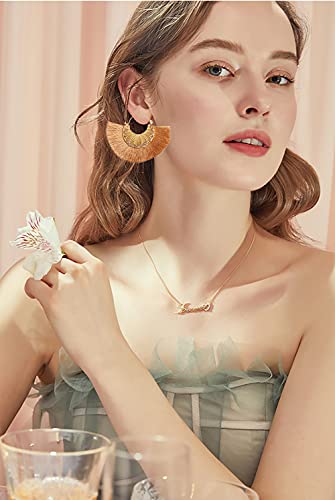 Tassel Hoop Earring Statement Thread Dangle Earrings Stylish Long Fringe Drop Earrings Lightweight Long Swingy French Hook Earrings for Women - color: B khaki