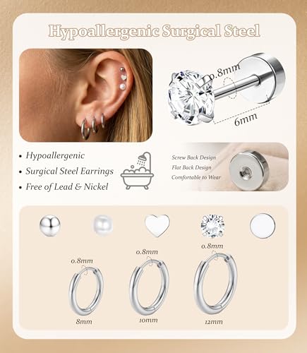 Incaton Hypoallergenic Flat Back Earrings for Women Silver 14K Gold Plated Surgical Stainless Steel Stud Earrings Cubic Zirconia Cartilage Studs Earrings For Multiple Piercing Sensitive Ears - color: 4-SILVER