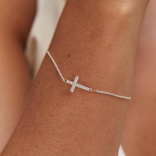 Tewiky Waterproof Gold Bracelets for Women Non Tarnish - Dainty Stack 14K Gold Plated/Sterling Silver Chain Bracelets Set Adjustable Trendy Jewelry for Women - style: silver CZ cross bracelet