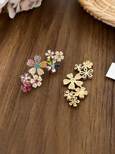 Climber Earrings for Women Multicolor Ear Studs with Ear Cartilage Clip Crystal Clustered Flowers Ear Cuff Earring Statement Floral Crawler Stud Earrings Sparkly Zircon Gemstone Earring
