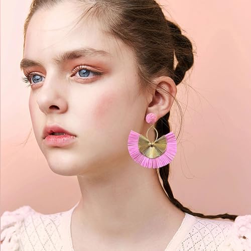 Anmpab Straw Fan Bohemian Tassel Earrings for Women Trendy Colorful Fringe Summer Beach Statement Earrings - color: Pink