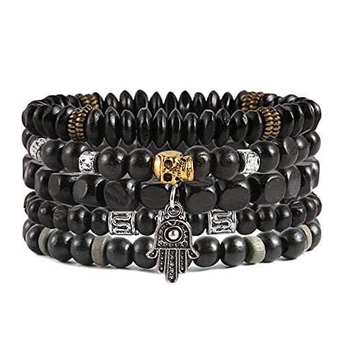 HZMAN Wrap Bracelets Men Women, Hemp Cords Wood Beads Ethnic Tribal Bracelets, Leather Wristbands - style: Hand of Fatima